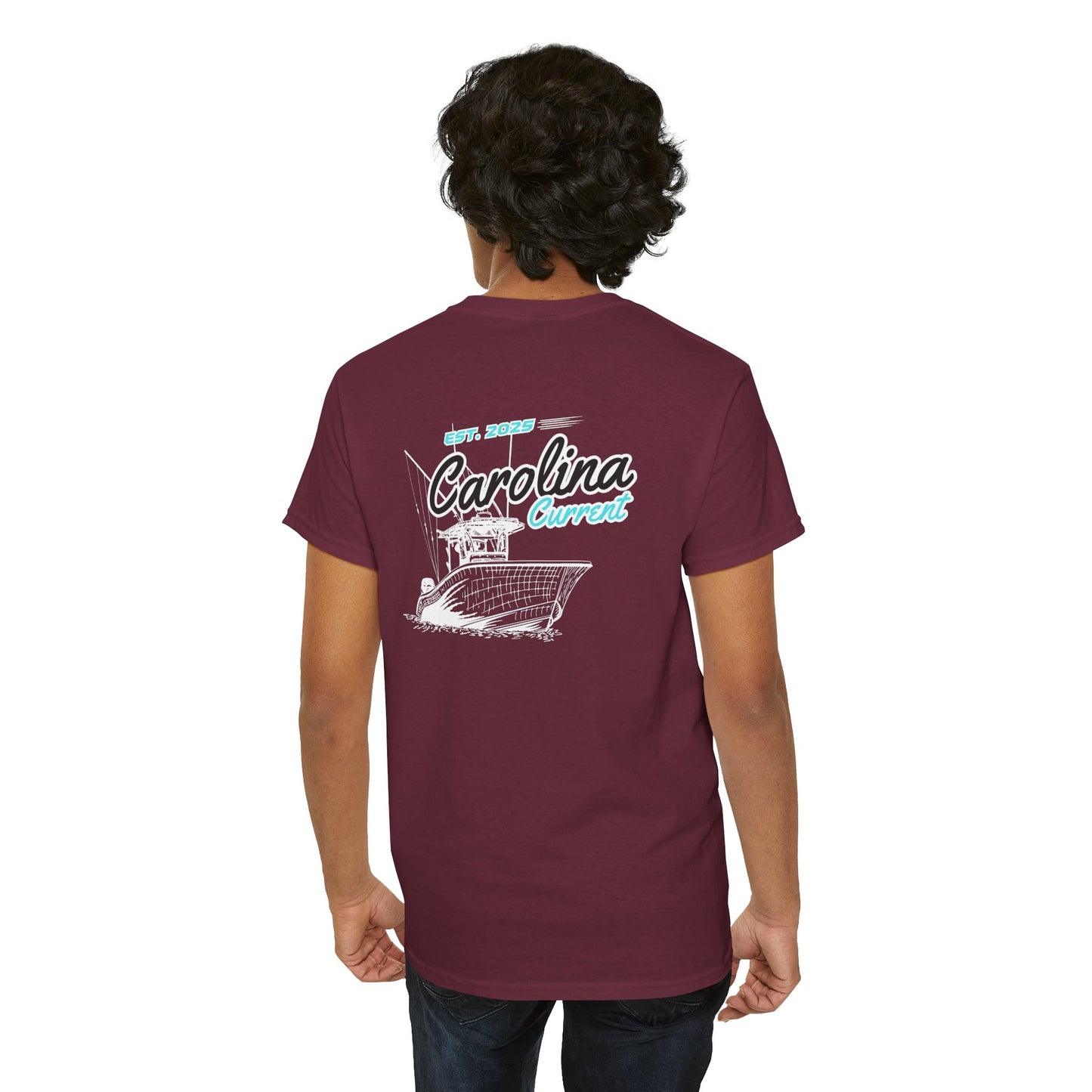 Turquoise Boat Unisex T-Shirt - Dark Carolina Current Design