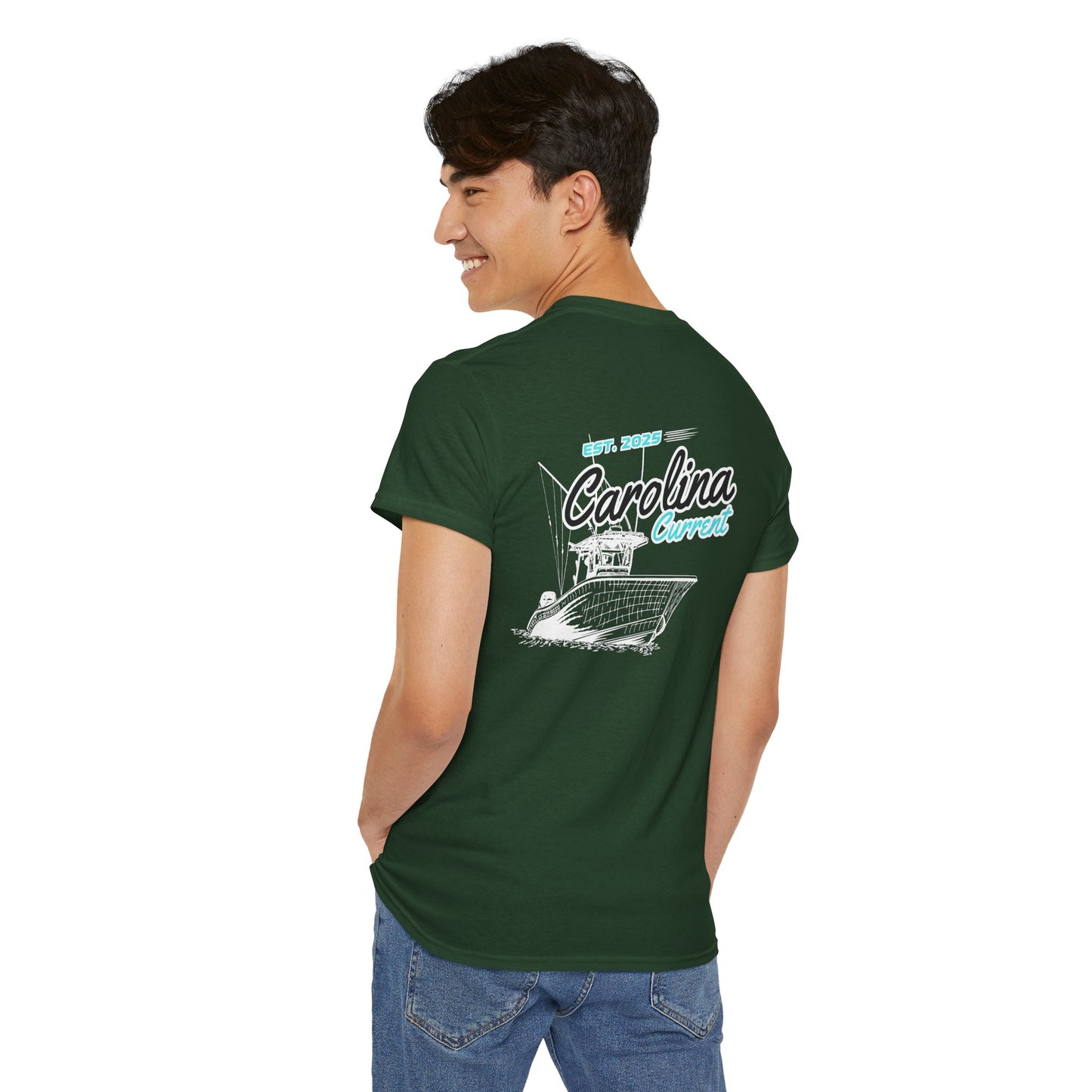 Turquoise Boat Unisex T-Shirt - Dark Carolina Current Design