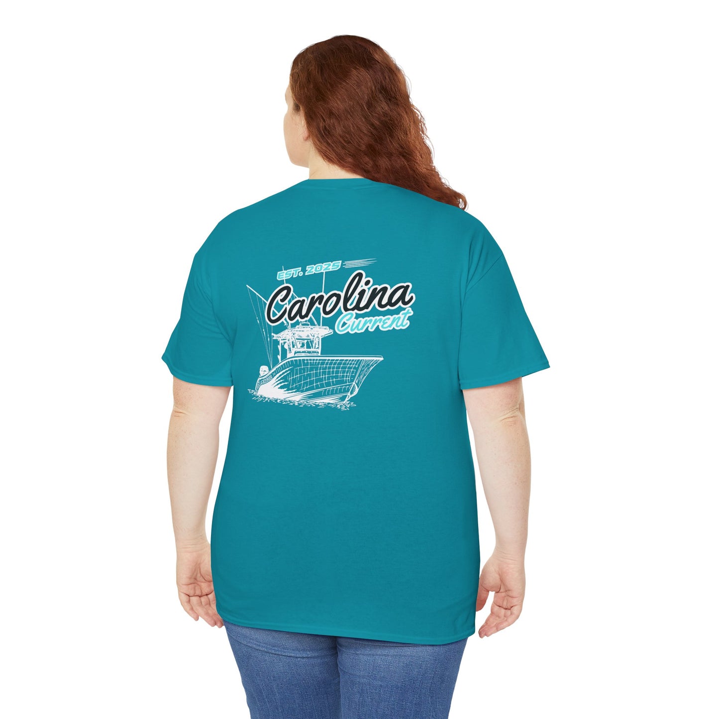 Turquoise Boat Unisex T-Shirt - Dark Carolina Current Design