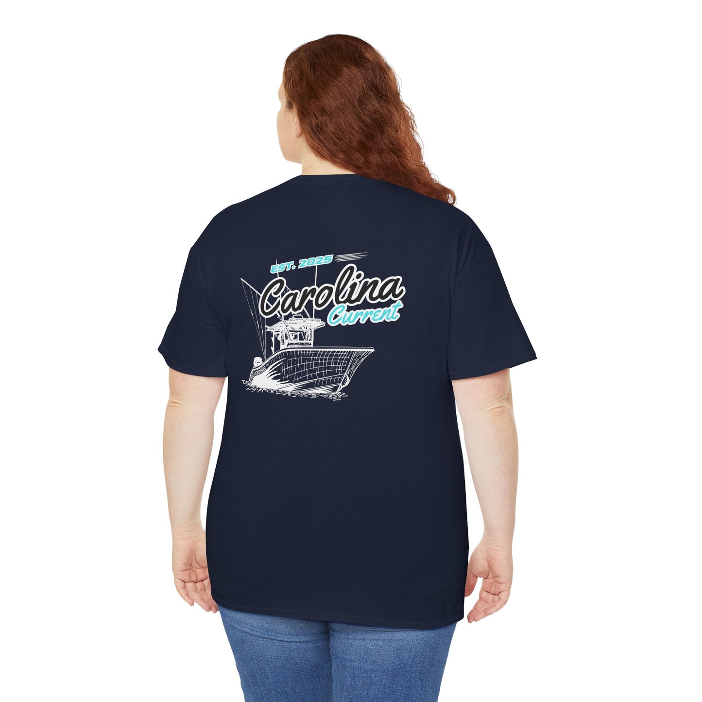 Turquoise Boat Unisex T-Shirt - Dark Carolina Current Design